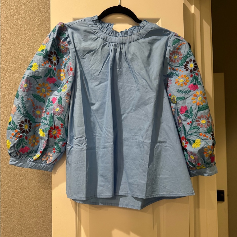 Jodifl Blue Blouse with Floral Embroidered Sleeves